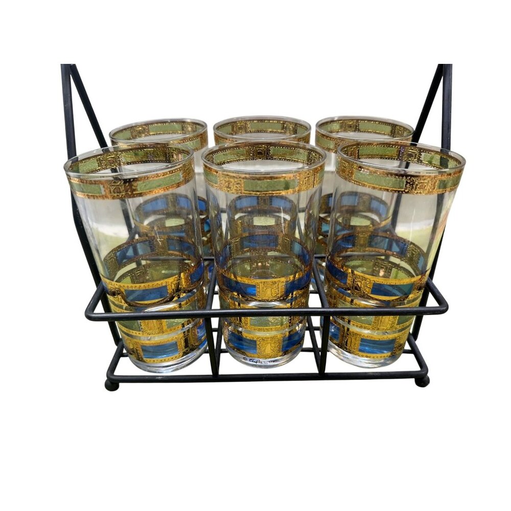 6 MCM Culver Empress Highball Glass Set 22K Gold Trim Caddy Table Top Decor Bar